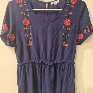 Dizzy Lizzie Navy Blouse with Vibrant Floral Embroidery